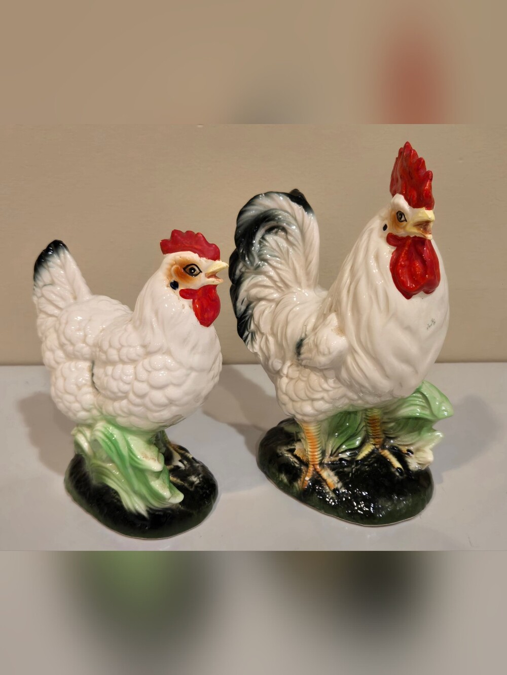 Vintage Napcoware Pair of Ceramic Rooster & Hen Figurines White with Red Accents